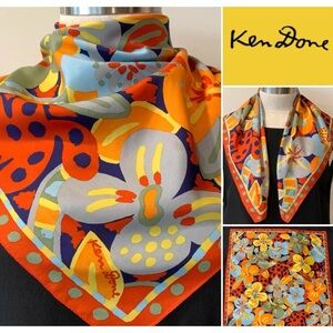 KEN DONE Vintage Orange,Red Tropical Flowers Scarf ~ Collectors Item 24”x24”